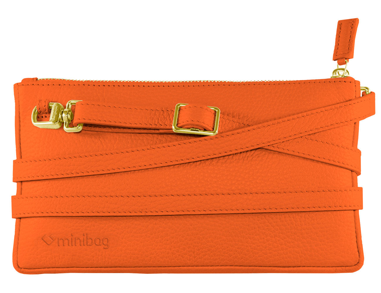 minibag orange Edition GOLD, Ledertasche orange, Vorderseite minibag, Clutch orange, Details in gold