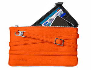 minibag orange, Ledertasche orange, Clutch orange, minibag wallet schwarz, Geldtasche zum Umhängen