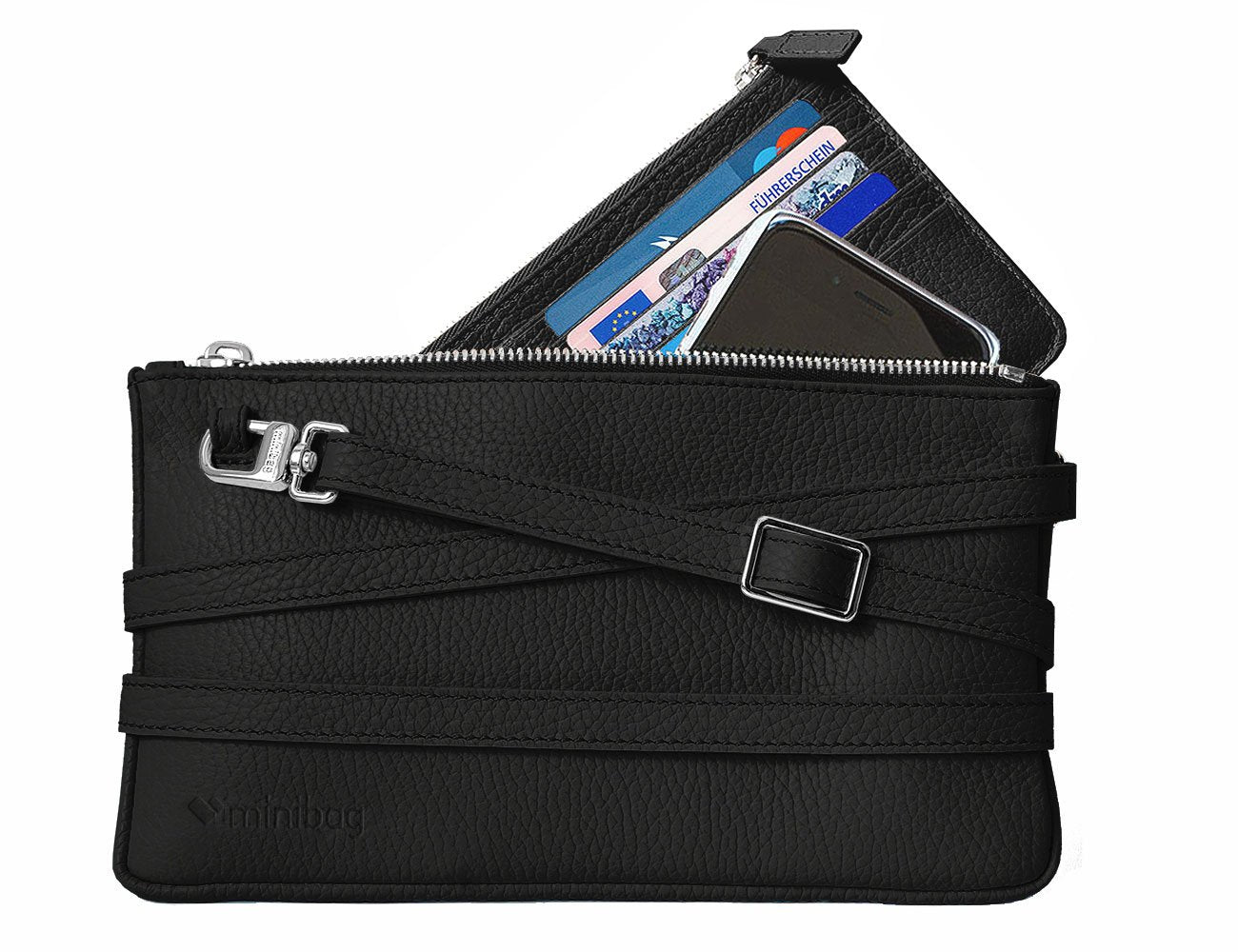 minibag black, minibag wallet black, schwarze Ledertasche, Geldtasche zum Umhängen, minibag